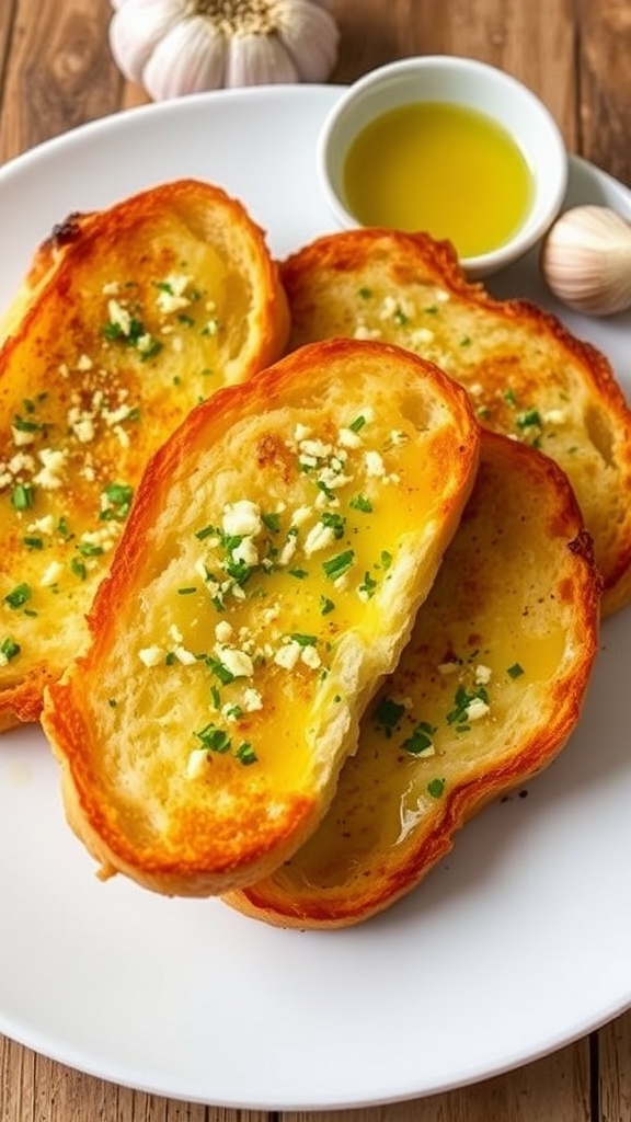 Golden crispy garlic toast with butter and parsley on a wooden table with garlic cloves and olive oil.
